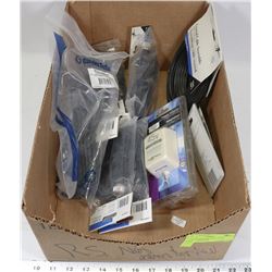 BOX OF ASSORTED INCL NEW CORDS, ADAPTER.