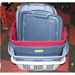 LOT OF 3 TOTES WITH LIDS. 14" X 19" WITH LAUNDRY