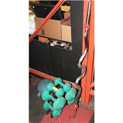 WORK OUT GEAR INCLUDES 6PC DUMBELL SET, PREACHER