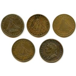 Lot of Five Upper Canada Half Penny Tokens.