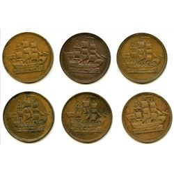 Lot of Six Ships Colonies & Commerce Half Penny Tokens.