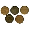 Image 2 : Lot of Five Ships Colonies & Commerce Half Penny Tokens.
