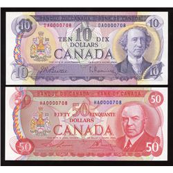 Bank of Canada $10 & $50, 1975 Low Serial Numbers - Lot of 2