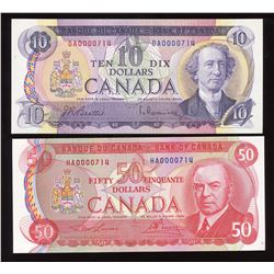 Bank of Canada $10 & $50, 1975 Low Serial Numbers - Lot of 2