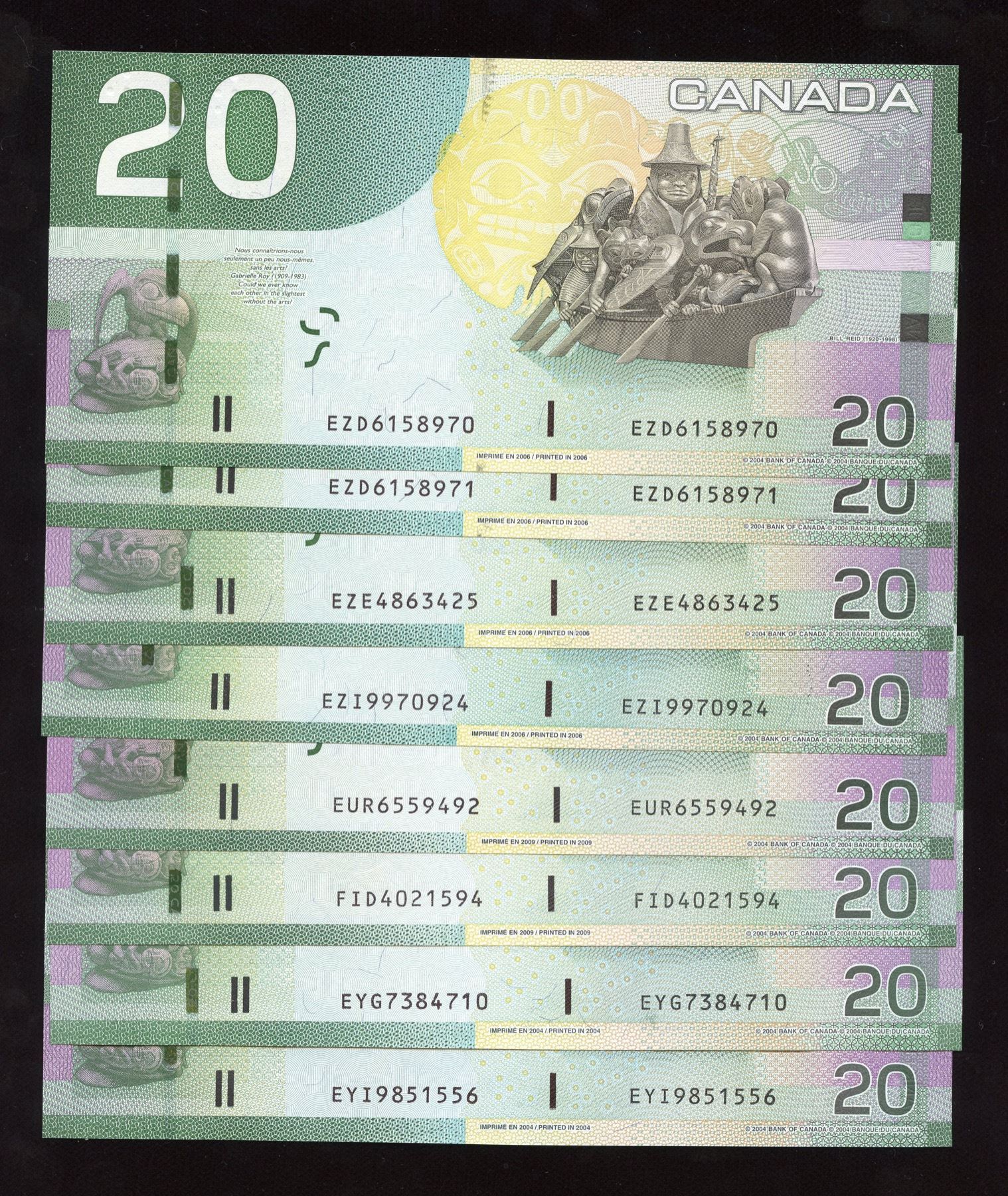Canda Note Bank of Canada $20 Canadian Journey Series Lot of 8 Notes