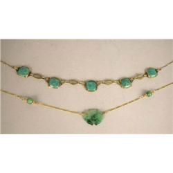 TWO 14K YELLOW GOLD AND JADE NECKLACES