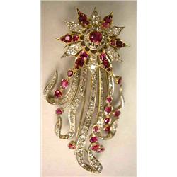 AN 18K YELLOW GOLD, DIAMOND AND RUBY EN TREMBLANT BROOCH STAMPED TIFFANY & CO.