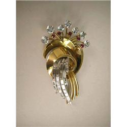A TIFFANY & CO YELLOW GOLD DIAMOND RUBY AND AQUAMARINE SPRAY BROOCH