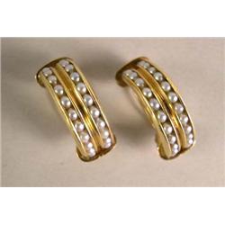 A PAIR OF YELLOW GOLD AND SEED PEARL EAR CLIPS