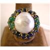 Image 1 : A 14K YELLOW GOLD CABOCHON EMERALD SAPPHIRE DIAMOND AND PEARL RING