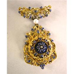 AN ITALIAN 18K YELLOW GOLD DIAMOND SAPPHIRE AND PEARL LAPEL WATCH