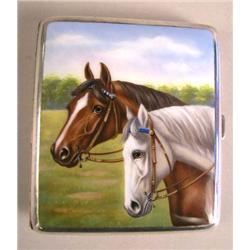 A SILVER WITH HORSE MOTIF ENAMEL CIGARETTE CASE