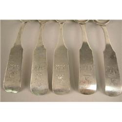 NINE AMERICAN SILVER PLACE SPOONS WITH MAKER'S MARK MONTIETH (ROBERT MONTIETH, BALTIMORE, 1825)