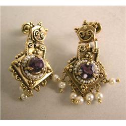 A PAIR OF 14K YELLOW GOLD, AMETHYST AND PEARL EARRINGS