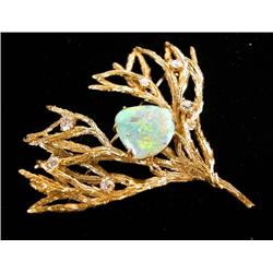 A MARIANNE OSTIER 18K YELLOW GOLD, DIAMOND AND OPAL SEA FAN BROOCH