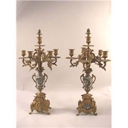 A PAIR OF ROCOCO REVIVAL STYLE AND ENAMEL GILT DECORATED SIX LIGHT CANDELABRA