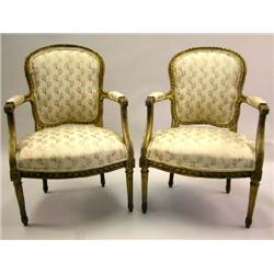A PAIR OF LOUIS XVI STYLE GILTWOOD FAUTEUILS