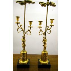 A PAIR OF LOUIS XVI STYLE TWO-LIGHT BOUILLOTTE LAMPS