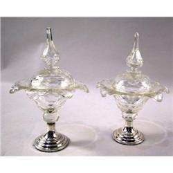 A PAIR OF COVERED GLASS COMPOTES WITH SILVER BASE