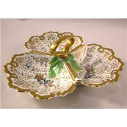 A KPM HAND-PAINTED, PORCELAIN, HANDLED 3-SECTION SERVING DISH