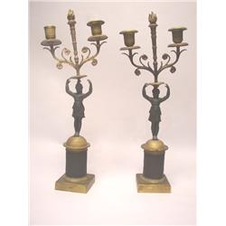A PAIR OF NAPOLEON III STYLE GILT AND PATINATED BRONZE TWO BRANCH CANDELABRA