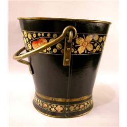 A BLACK, GOLD AND RED PAINTED BUCKET-FORM UMBRELLA STAND