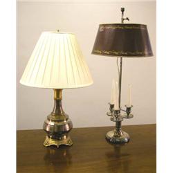 A SILVER PLATED THREE LIGHT BOUILLOTTE LAMP WITH TOLE SHADE AND THREE CANDELABRA-FORM BASE