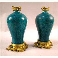 A PAIR OF ORMOLU-MOUNTED FLORAL DECORATED TURQUOISE VASES