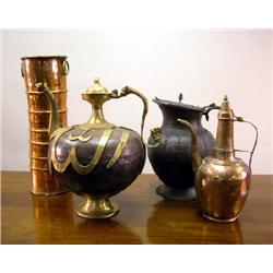 A GROUP OF SIX BRASS, COPPER AND PATINATED METAL HOLLOWWARE ARTICLES