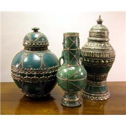 A GROUP THREE METAL MOUNTED CERAMIC HOLLOWWARE