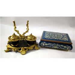A ROCCO STYLE CHINOISERIE DECORATED ORMOLU DESK SET