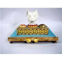 A MAJOLICA DOG FORM DESK SET