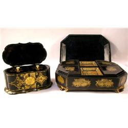 TWO BLACK LACQUERED GILT PAPER-MACHE TEA CADDIES