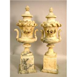 A PAIR OF ALABASTER COVERED URNS