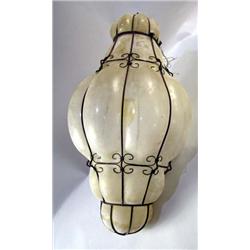 A PAIR OF COLORLESS GLASS AND STRAPWORK BORDERED HANGING HALL LANTERNS