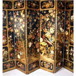A FINE CHINESE TOOLED, LACQUER AND POLYCHROME-DECORATED LEATHER, SIX-PANEL SCREEN