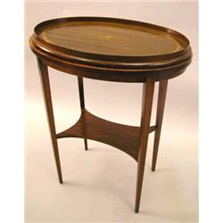 A GEORGE III STYLE SATINWOOD-INLAID OVAL TRAY ON STAND
