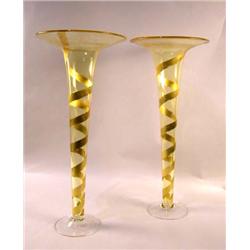 A PAIR OF AMBER GILT DECORATED TRUMPET FORM VASES
