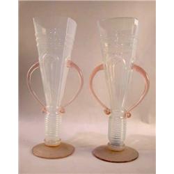 A PAIR OF DOUBLE HANDLED OPALESCENT VASES