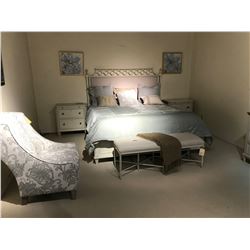 COMPLETE BEDROOM SET WITH KING SIZE BED, SIDEBOARD, 2 NIGHT STANDS, BENCH, AND ARM CHAIRS, COMES