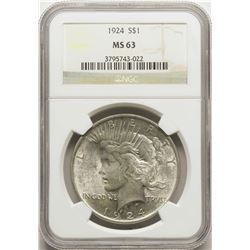 1924 $1 Peace Silver Dollar Coin NGC MS63
