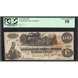 1862 $100 Confederate States of America Note T-39 PCGS Choice About New 58