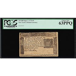 September 2, 1775 $5 New York Colonial Currency Note PCGS Choice New 63PPQ