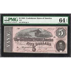 1864 $5 Confederate States of America Note T-69 PMG Choice Uncirculated 64EPQ