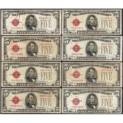 Lot of (8) 1928 $5 Legal Tender Notes