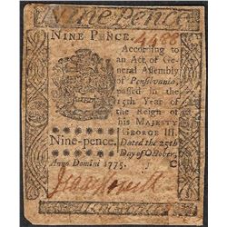October 25, 1775 Nine Pence Pennsylvania Colonial Currency Note