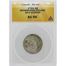 1792 Netherlands-Zeeland 6 Stuivers Coin ANACS AU55