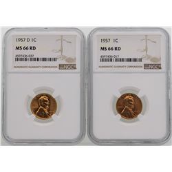 Lot of 1957 & 1957-D Lincoln Wheat Penny Coins NGC MS66RD