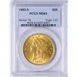 1893-S $20 Liberty Head Double Eagle Gold Coin PCGS MS61