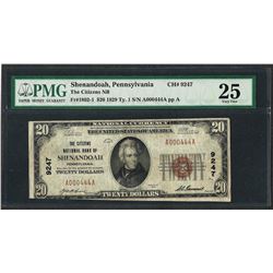 1929 $20 National Currency Note Shenandoah, Pennsylvania CH# 9247 PMG Very Fine